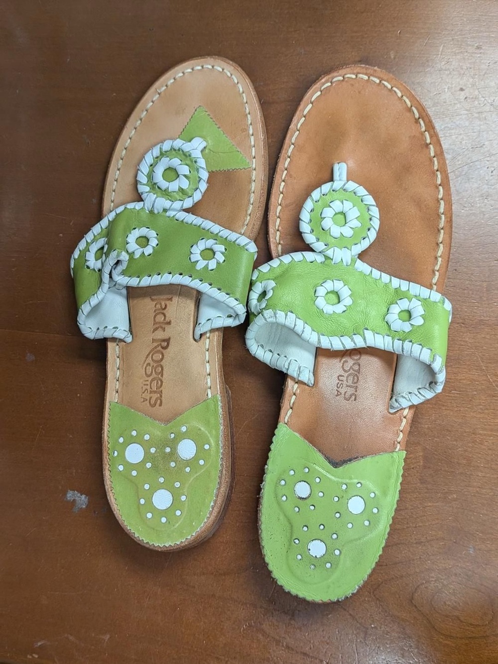 Jack Rogers Lime Green and White Leather Slide Sandals